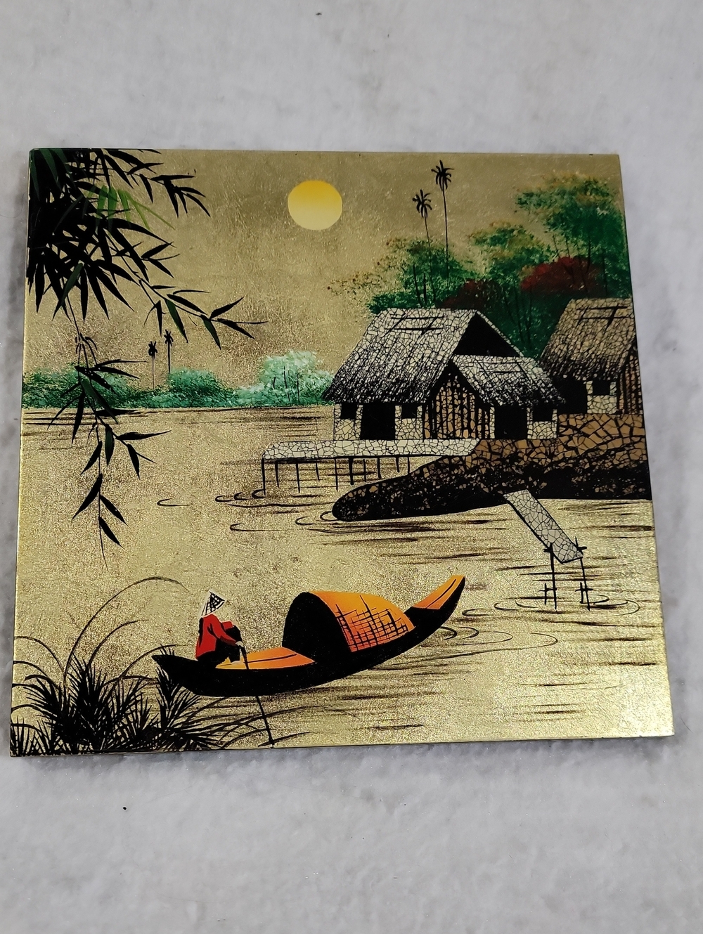 Hand-Painted Golden Village Boat Scene Wall Art Asian